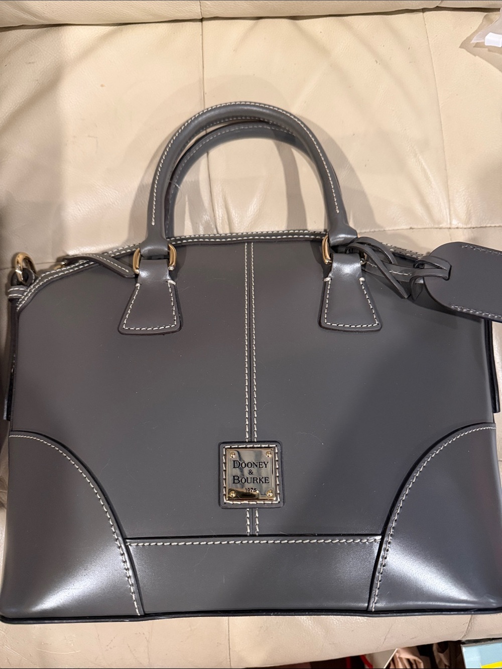 Dooney & Bourke Gray Leather Satchel with White Stitching